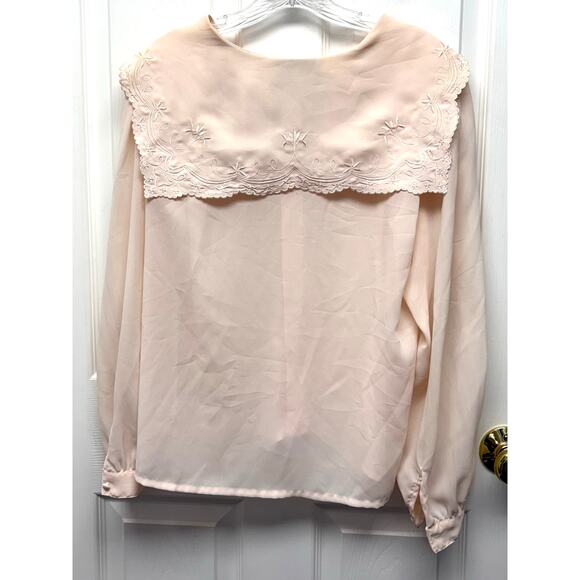 Vintage Josephine Blouse Size 8 Pale Peach Embroidered Sailor Collar Puff Sleeve - Picture 2 of 7